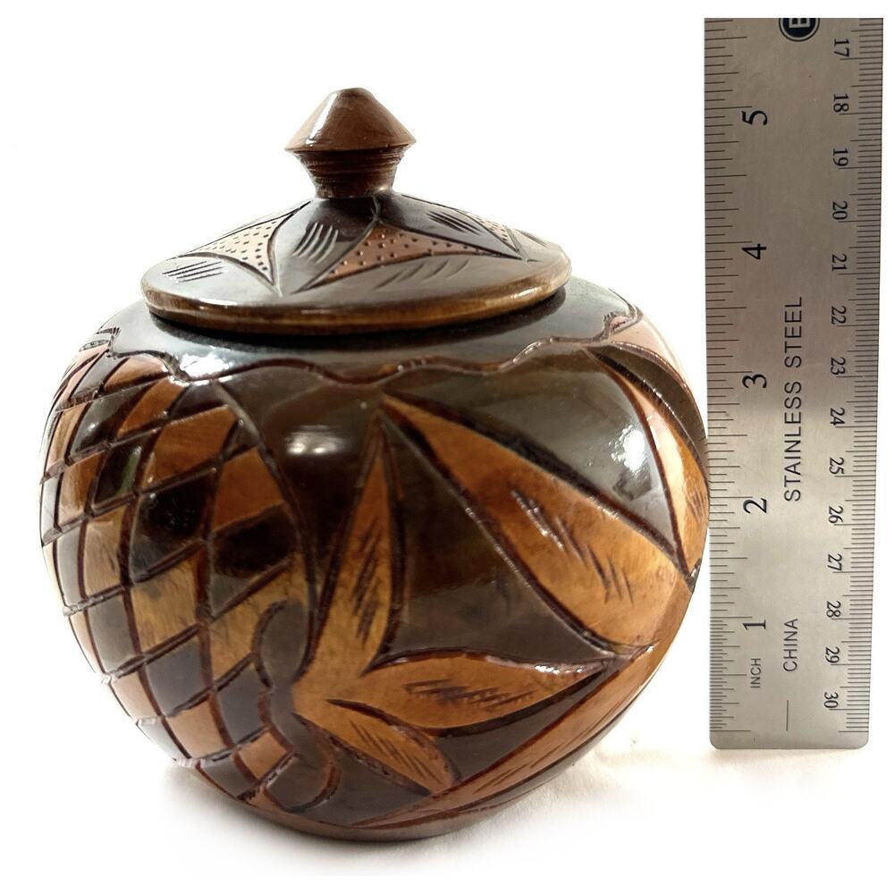 Hand Carved Teak Wood Lidded Jar Indonesian Folk Art Animal Motif Trinket Box 5” - Picture 6 of 9
